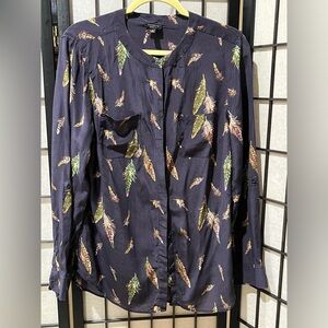 TALBOTS SILK Feather Print Button-Up Shirt in DARK NAVY WOMEN SIZE 12